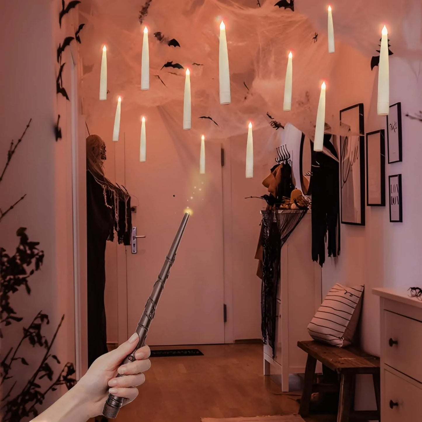 Magic Floating LED Candles with Wand Remote – Hanging Halloween Lights & Spooky Party Décor