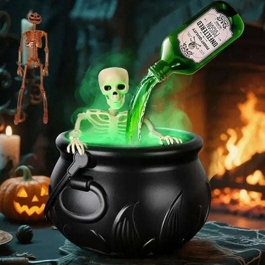 Witch’s Cauldron with Smoke, Skeleton & LED Light – Haunted Halloween Prop